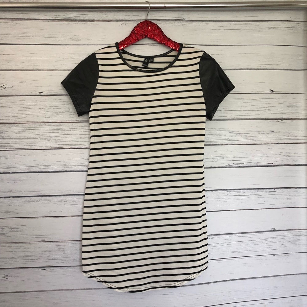 Leather sleeve striped dress
